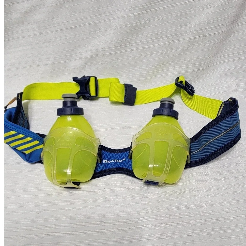 Running Hydration Belt Blue Yellow 2 10oz Bottles Adjustable Nathan TrailMix